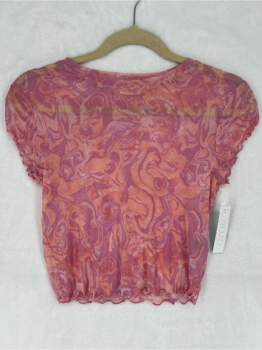 Abound Sheer Pink Orange Marble Stretchy Cropped Top Ruffled Edges NWT Sz S Y2K